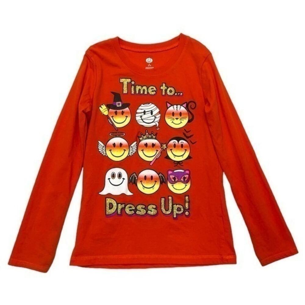 Halloween Emoji Dress Up Long Sleeve Shirt Girls Size 7/8 Orange Graphic Tee